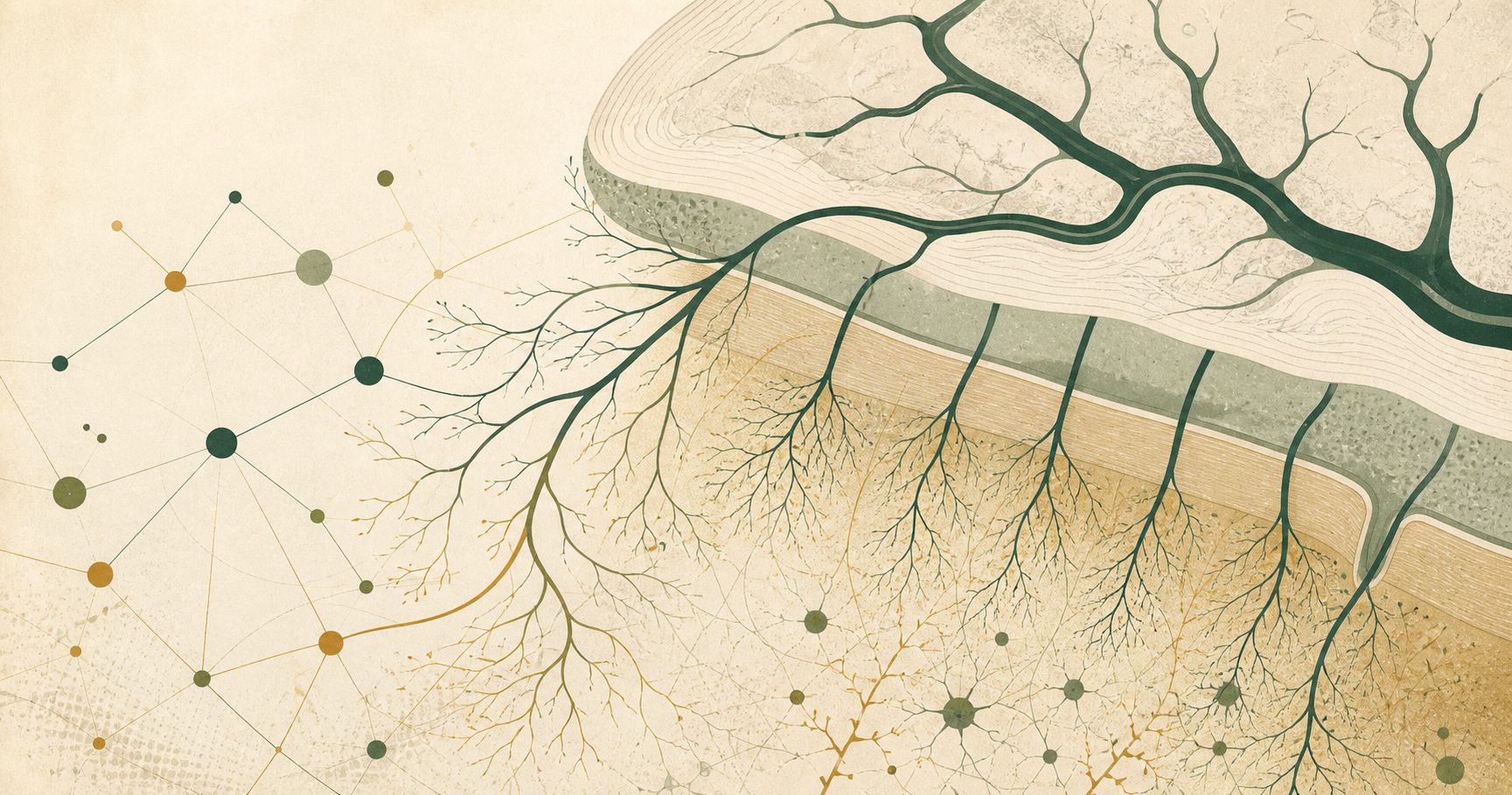 Editorial illustration of cerebral microvessels connected to an evidence graph